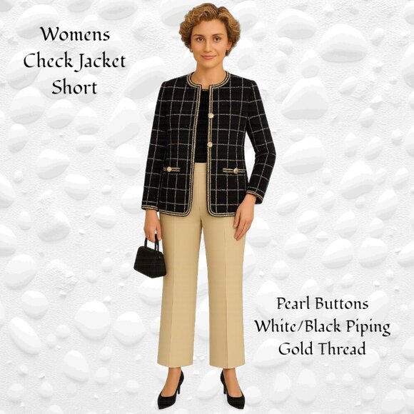 Jackets & Blazers - Chic Black/White Tweed Jacket with Gold-Threaded Piping – Size M - NWOT